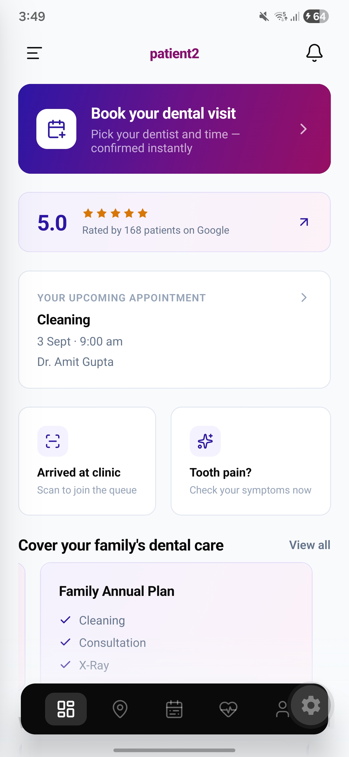 32 Roots home screen showing your next dental appointment and clinic rating